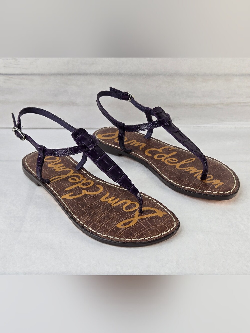 Sam Edelman Gigi Thong Sandals Violet Purple Leather Croc Embossed Print Size 6